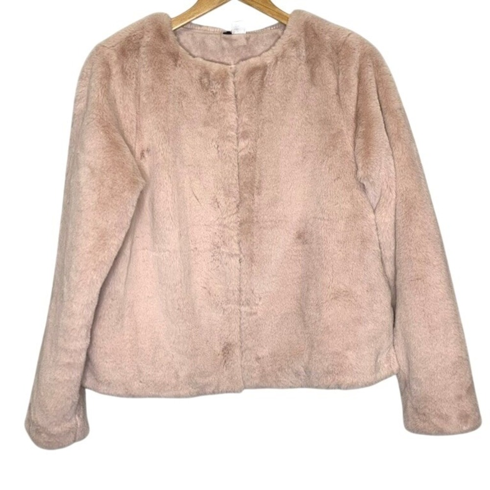 H&M Womens Blush Pink Faux Fur Jacket Medium Collarless Plush Hook Eye‎ Coat M